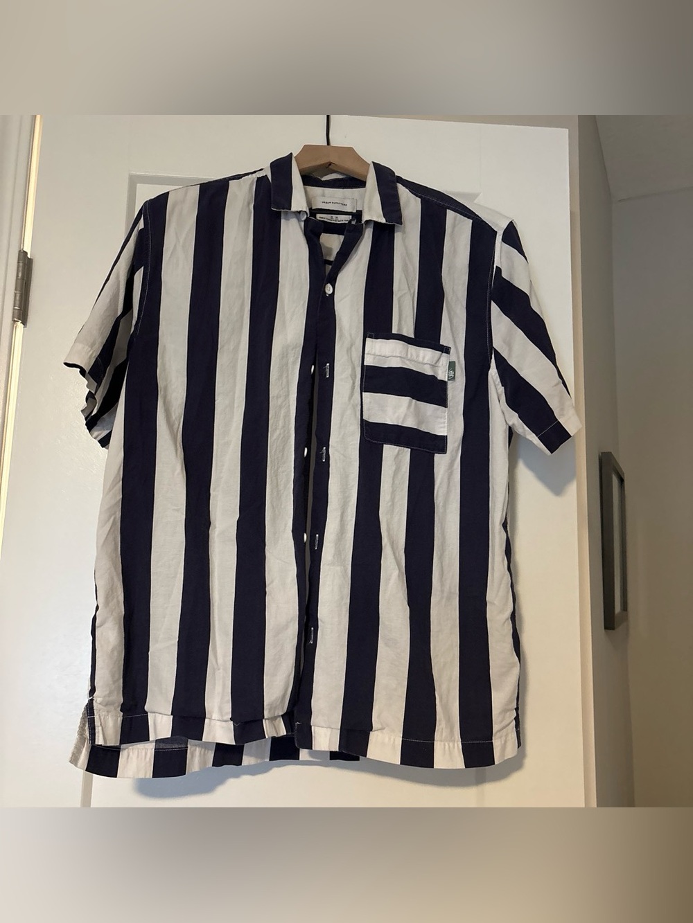 Urban Outfitters Navy and White Vertical Stripe Short-Sleeve Button-Up